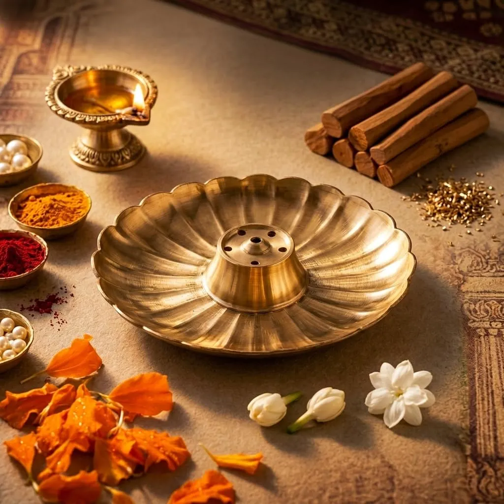 SACCH Pure Brass Flower Agardan Agarbatti Stand  8.6cm Compact Base  5-Hole Incense Holder for Pooja & Gifting